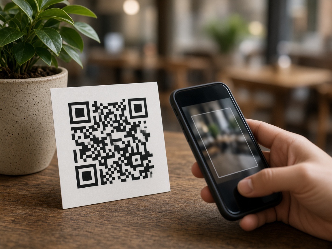 Phone ready to scan a payment QR on the counter